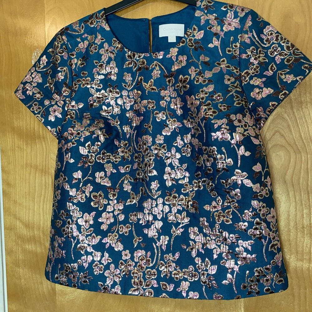 J Crew Collection Sz Xs Floral Cherry Blossom Metallic Top
